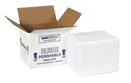 6" x 4 1/2" x 3" Insulated Shipping Kits. EPS Foam Container with Lid & 200#/ECT-32 White Corrugated Cardboard Carton.