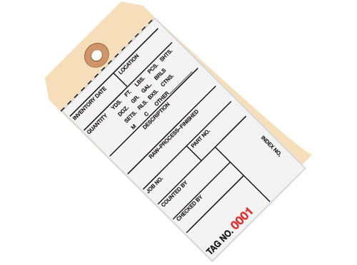 6 1/4" x 3 1/8" 2 Part Carbonless Inventory Tags (0000-0499), Perforated Paper, 10 Point Manila Card Stock