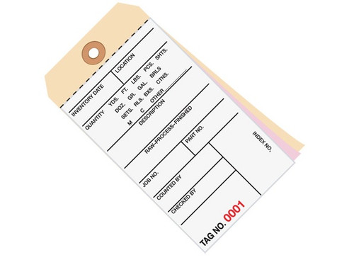 6 1/4" x 3 1/8" 3 Part Plain Carbonless Inventory Tags (3500-3999), Perforated Paper, 10 Point Manila Card Stock