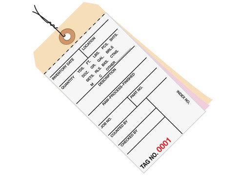 6 1/4" x 3 1/8" 3 Part Pre-Wired Carbonless Inventory Tags (2000-2499), Perforated Paper, 10 Point Manila Card Stock