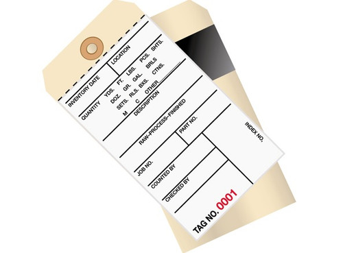 6 1/4" x 3 1/8" 2 Part Plain Carbon Style Inventory Tags (3500-3999), Perforated Paper, Adhesive Strip on 10 Point Manila Card Stock Base Ply