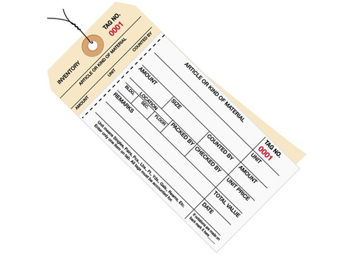 6 1/4" x 3 1/8" 2 Part Pre-Wired Stub Style Inventory Tags Carbonless (3500-3999), 10 Point Manila Card Stock