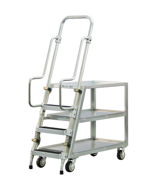 Step Ladder Stocking & Picking Cart for Warehouse, Fulfillment - 3 Lip Up Shelves