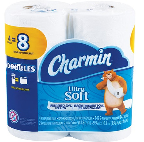 Charmin® 2-Ply Bathroom Tissue Toilet Paper. Sheet size is 4 3 9/10" x 4" and 142 sheets per roll.