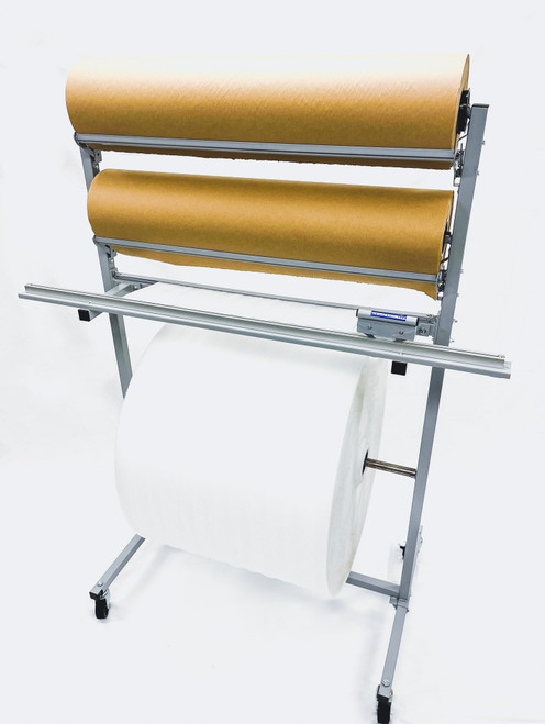 36" Ergonomic Mobile Multi-Roll Packing Material Dispensing Rack with Casters