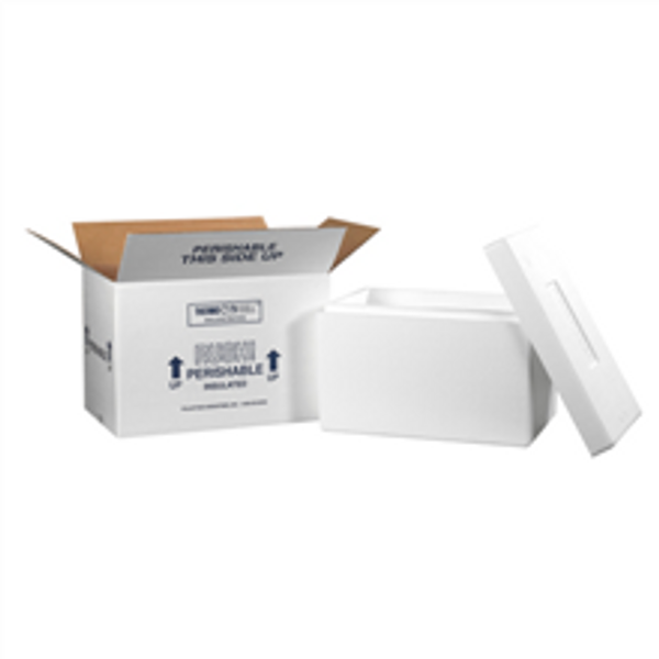 17" x 10" x 10 1/2" Insulated Shipping Kits. EPS Foam Container with Lid & 200#/ECT-32 White Corrugated Cardboard Carton.