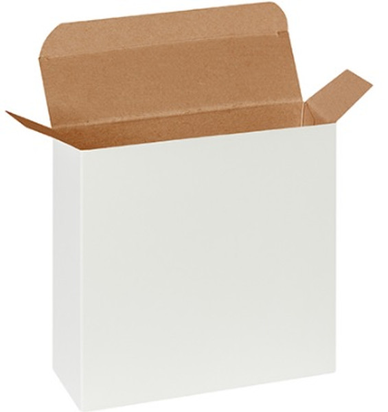 7 1/4" x 2" x 7 1/4" (Die-cut from .024 fibreboard.) White Reverse Tuck Folding Cartons