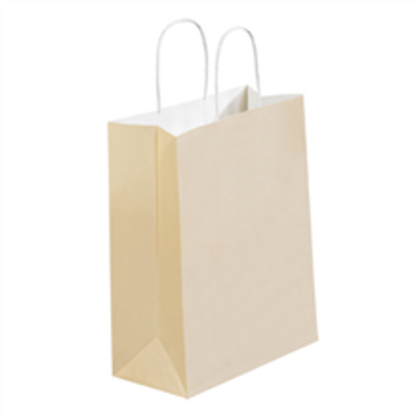 10" x 5" x 13" French Vanilla Tinted White Paper Shopping Bags with Twisted Paper Handles