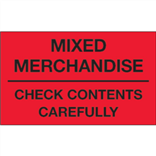 "Mixed Merchandise - Check Contents Carefully" (Fluorescent Red) Shipping and Handling Labels