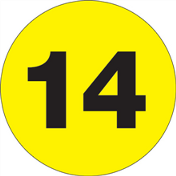 1" Circle - "14" (Fluorescent Yellow) Inventory Number Labels