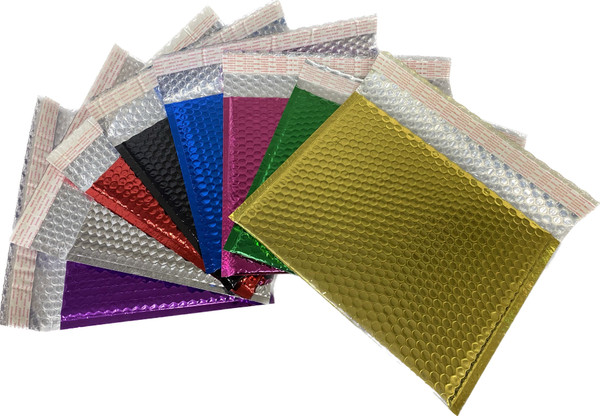 Metallic Self Seal Bubble Mailers Envelopes. Black, Blue, Fuchsia, Gold, Green, Purple, & Red, Foil Blingvelopes.