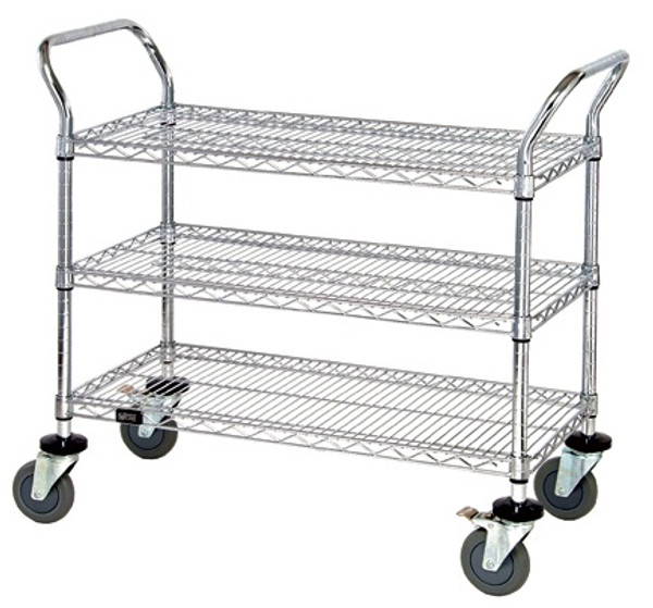 3 Tier Multipurpose Chrome Storage Cart with Dual Handles and Locking Wheels