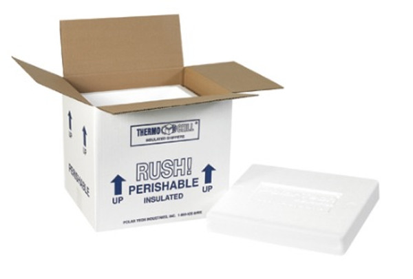 10 1/2 x 8 1/4 x 9 1/4" Insulated Shipping Kits. EPS Foam Container with Lid & 200#/ECT-32 White Corrugated Cardboard Carton.