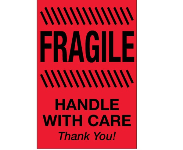 "Fragile - Handle With Care"  (Fluorescent Red) Shipping and Handling Labels