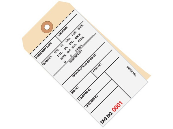 6 1/4" x 3 1/8" 2 Part Carbonless Inventory Tags (0500-0999), Perforated Paper, 10 Point Manila Card Stock