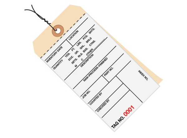 6 1/4" x 3 1/8" 2 Part Pre-Wired Carbonless Inventory Tags (7000-7499), Perforated Paper, 10 Point Manila Card Stock