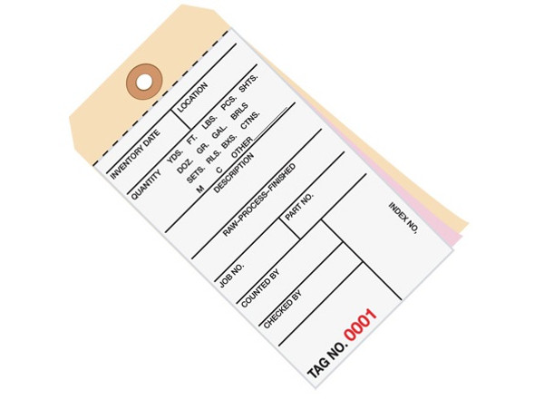 6 1/4" x 3 1/8" 3 Part Plain Carbonless Inventory Tags (6500-6999), Perforated Paper, 10 Point Manila Card Stock