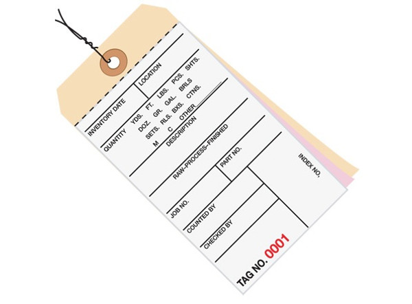 6 1/4" x 3 1/8" 3 Part Pre-Wired Carbonless Inventory Tags (1000-1499), Perforated Paper, 10 Point Manila Card Stock