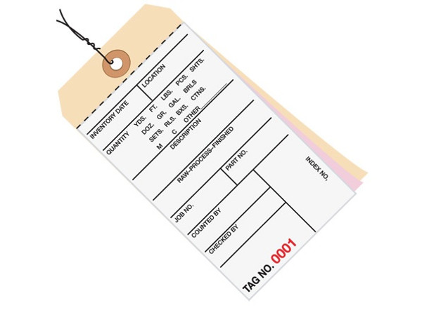 6 1/4" x 3 1/8" 3 Part Pre-Wired Carbonless Inventory Tags (5500-5999), Perforated Paper, 10 Point Manila Card Stock