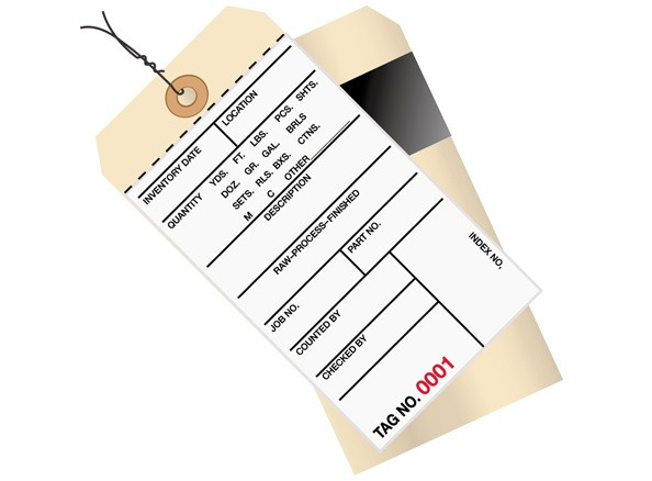 6 1/4" x 3 1/8" 2 Part Pre-Wired Carbon Style Inventory Tags (4500-4999), Perforated Paper, Adhesive Strip on 10 Point Manila Card Stock Base Ply
