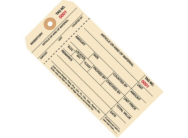 6 1/4" x 3 1/8" 1 Part Stub Style Inventory Tags (1000-1999), 10 Point Manila Card Stock