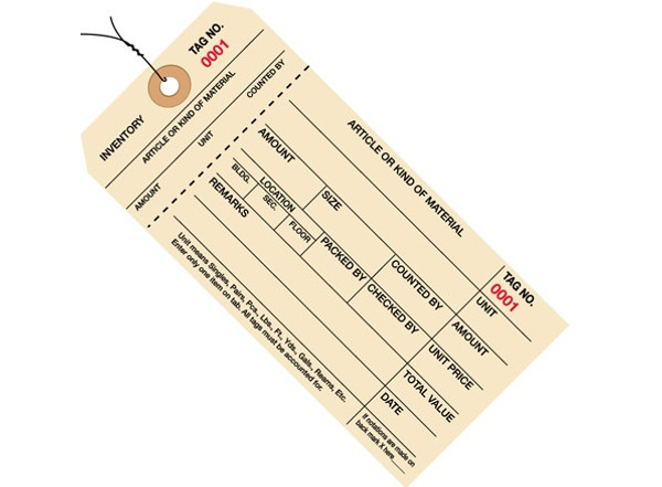 6 1/4" x 3 1/8" Pre-Wired 1 Part Stub Style Inventory Tags (2000-2999), 10 Point Manila Card Stock
