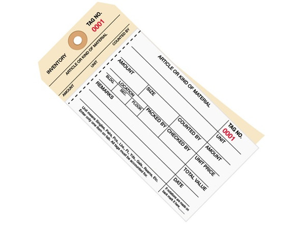 6 1/4" x 3 1/8" 2 Part Stub Style Inventory Tags Carbonless (2000-2499), 10 Point Manila Card Stock