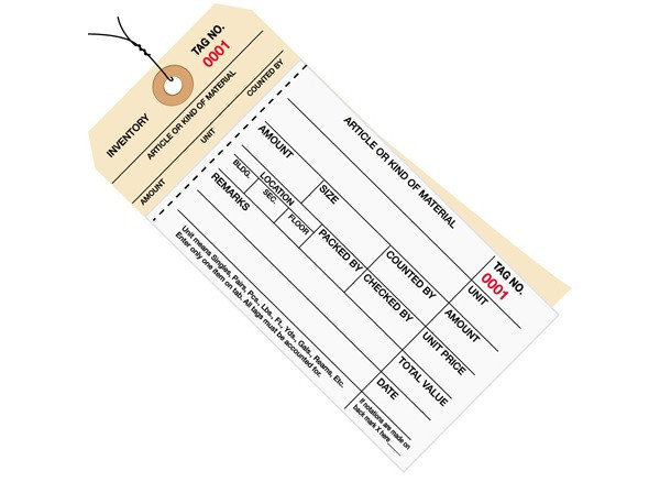 6 1/4" x 3 1/8" 2 Part Pre-Wired Stub Style Inventory Tags Carbonless (0500-0999), 10 Point Manila Card Stock