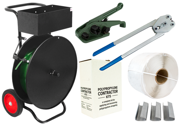 Polypropylene Contractor Kit 1/2" x 3,000' Strapping, Strapping Cart, Windlass Tensioner, Front Action Sealer, Snap On Seals