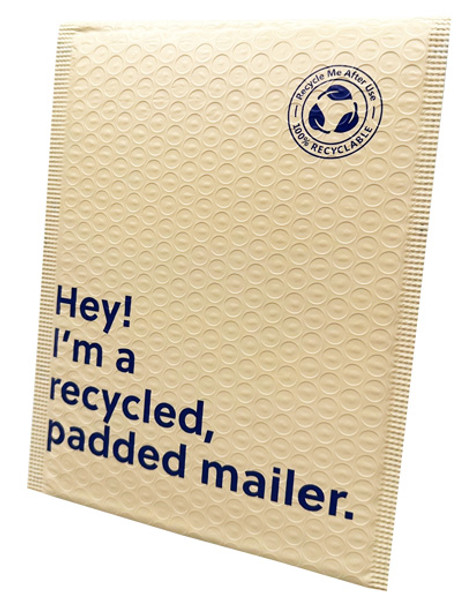 "Hey! I'm a recycled, padded mailer." 9.5" x 13.5" #4 Recycled Message Tan Poly Bubble Mailers with Self Seal Closure