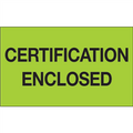 "Certification Enclosed" (Fluorescent Green) Shipping and Handling Labels