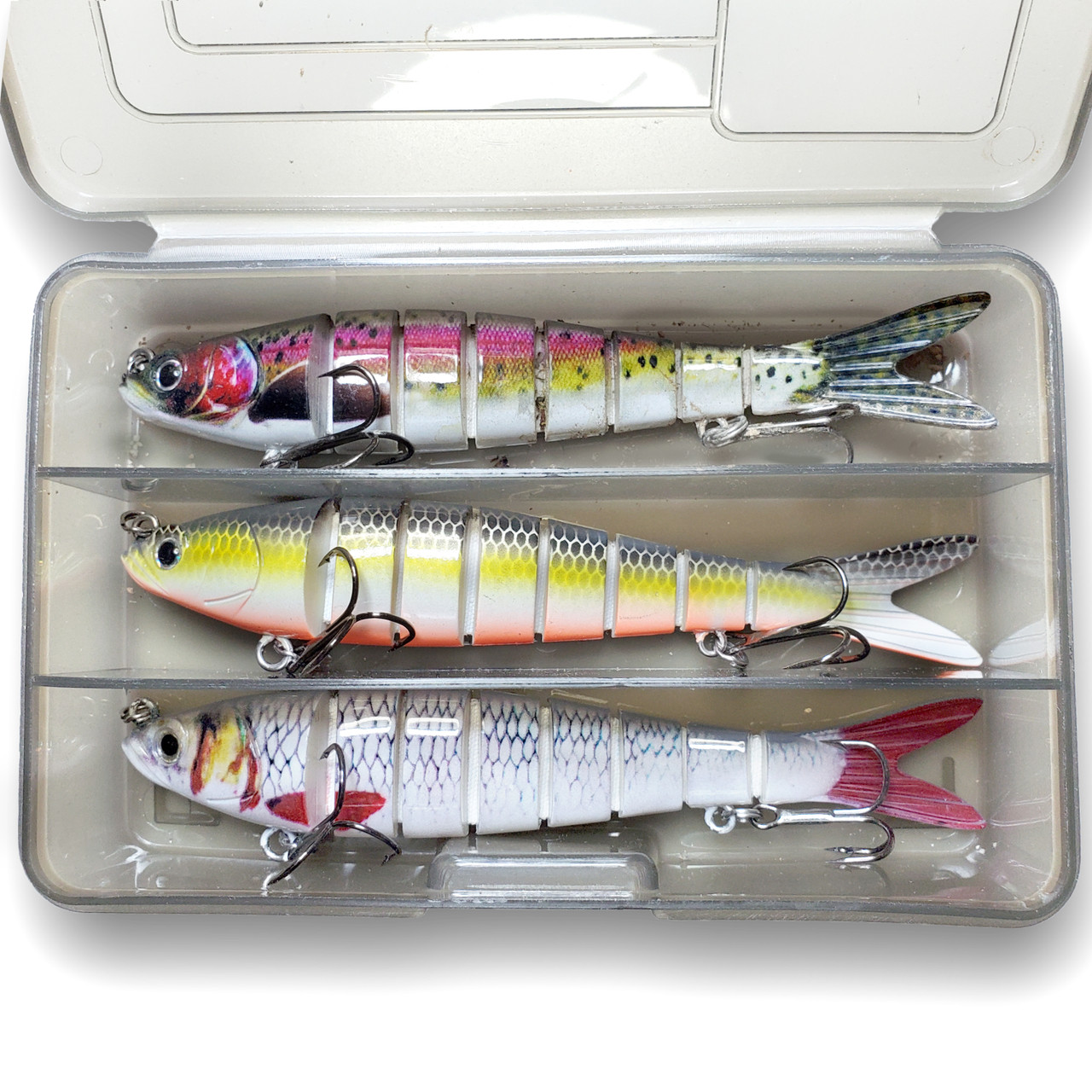 3 Pack 5.5 Jointed Swimbaits. 8 Segments, 3 colors in it's own Tackle Box.