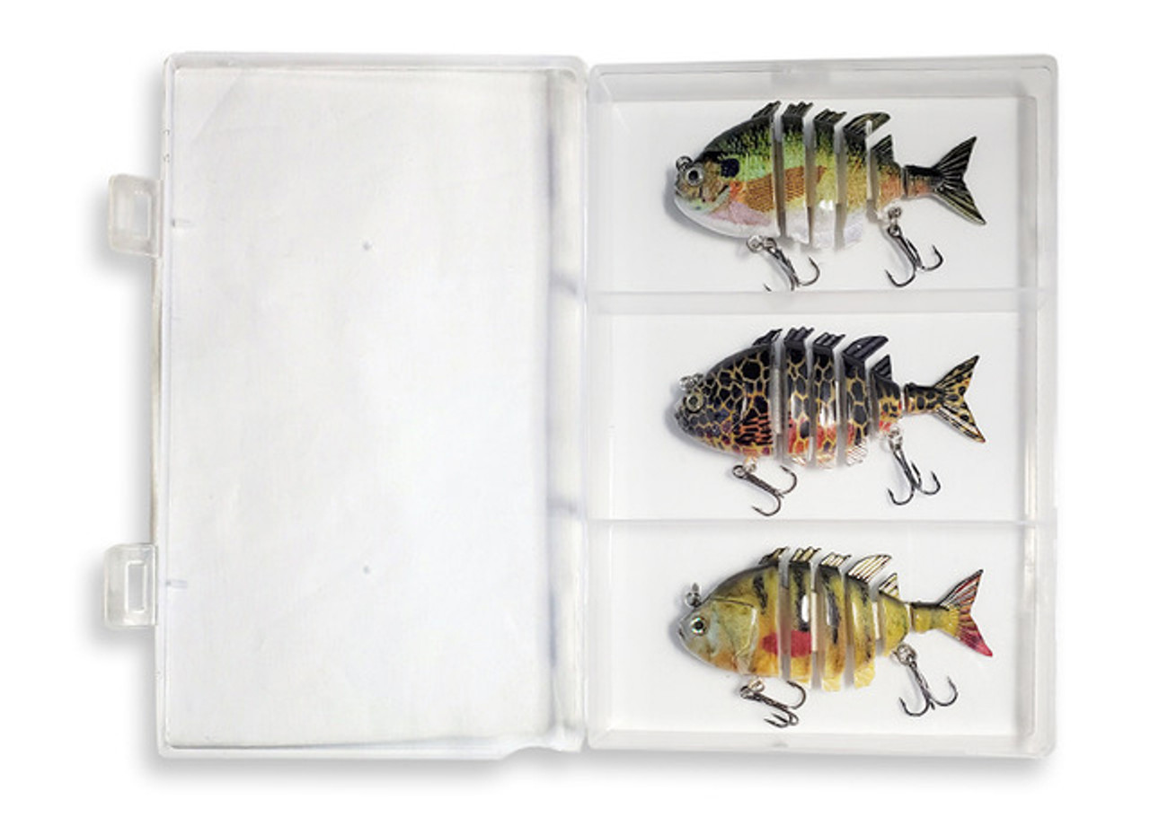 3 Pack! 3.12 Bluegill Swimbaits 6 segments. 3 colors. 3 lures in its own Tackle  Box.