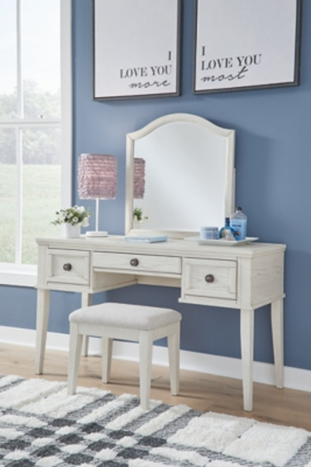 Ashley Robbinsdale Antique White Mirrored Vanity with Bench