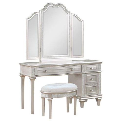 Coaster Evangeline 4drawer Vanity Set with Stool Silver Oak