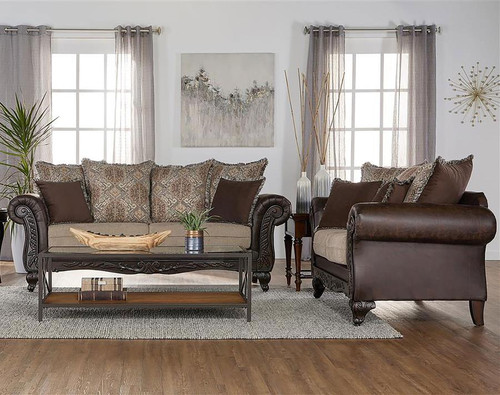 Coaster Elmbrook 2piece Upholstered Rolled Arm Sofa Set with Intricate Wood Carvings Brown