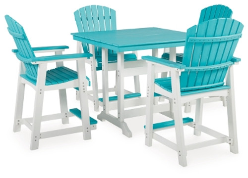 Ashley Eisely Turquoise White Outdoor Counter Height Dining Table and 4 Barstools