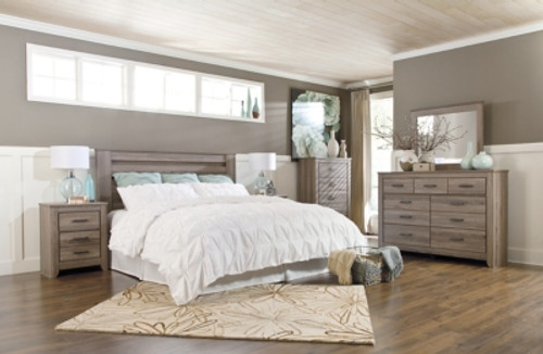 Ashley Zelen Warm Gray King/California King Panel Headboard Bed with Mirrored Dresser, Chest and Nightstand