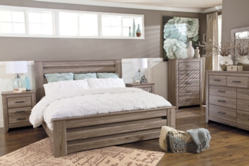 Ashley Zelen Warm Gray King/California King Panel Headboard Bed with Mirrored Dresser and Chest