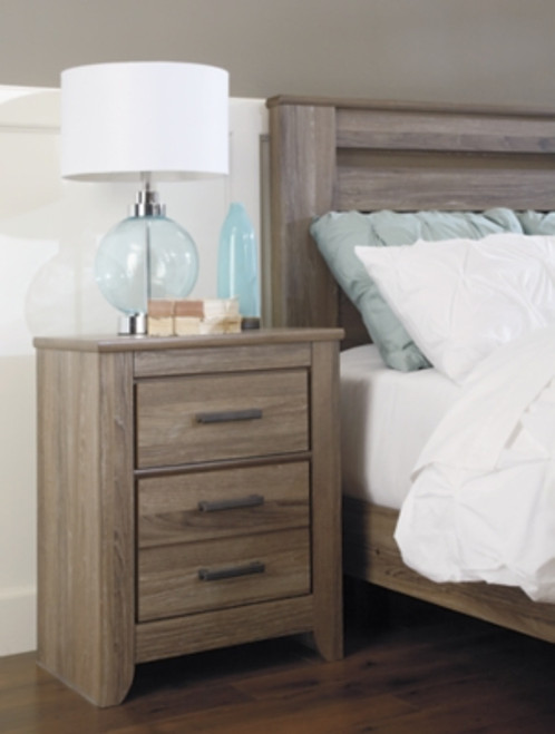 Ashley Zelen Warm Gray King/California King Panel Headboard Bed with Mirrored Dresser and 2 Nightstands