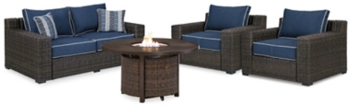 Ashley Grasson Lane Brown Blue Outdoor Loveseat and 2 Lounge Chairs with Fire Pit Table