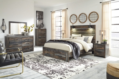 Ashley Drystan Multi Queen Panel Bed with 2 Storage Drawers with Mirrored Dresser and 2 Nightstands