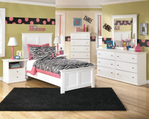 Ashley Bostwick Shoals White Twin Panel Bed with Mirrored Dresser, Chest and Nightstand