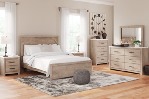 Ashley Senniberg Light Brown White Queen Panel Bed with Mirrored Dresser, Chest and Nightstand