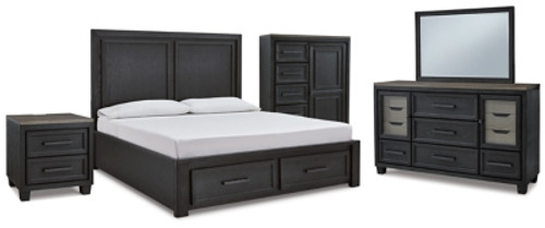 Ashley Foyland Black Brown King Panel Storage Bed with Mirrored Dresser, Chest and Nightstand