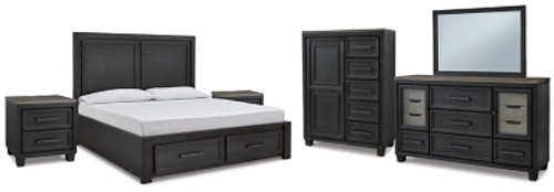 Ashley Foyland Black Brown King Panel Storage Bed with Mirrored Dresser, Chest and 2 Nightstands