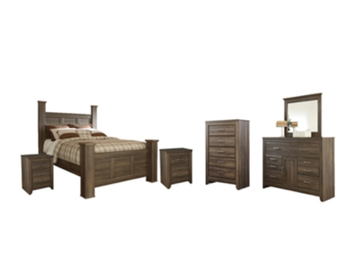 Ashley Juararo Dark Brown Queen Poster Bed with Mirrored Dresser, Chest and 2 Nightstands