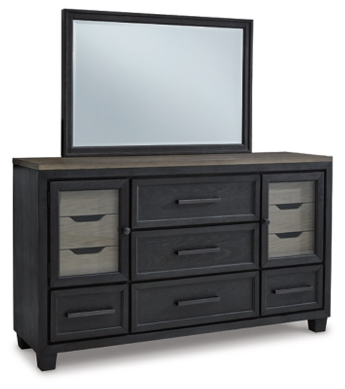 Ashley Foyland Black Brown California King Panel Storage Bed with Mirrored Dresser, Chest and Nightstand