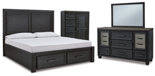 Ashley Foyland Black Brown California King Panel Storage Bed with Mirrored Dresser and Chest