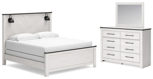 Ashley Schoenberg White King Panel Bed with Mirrored Dresser